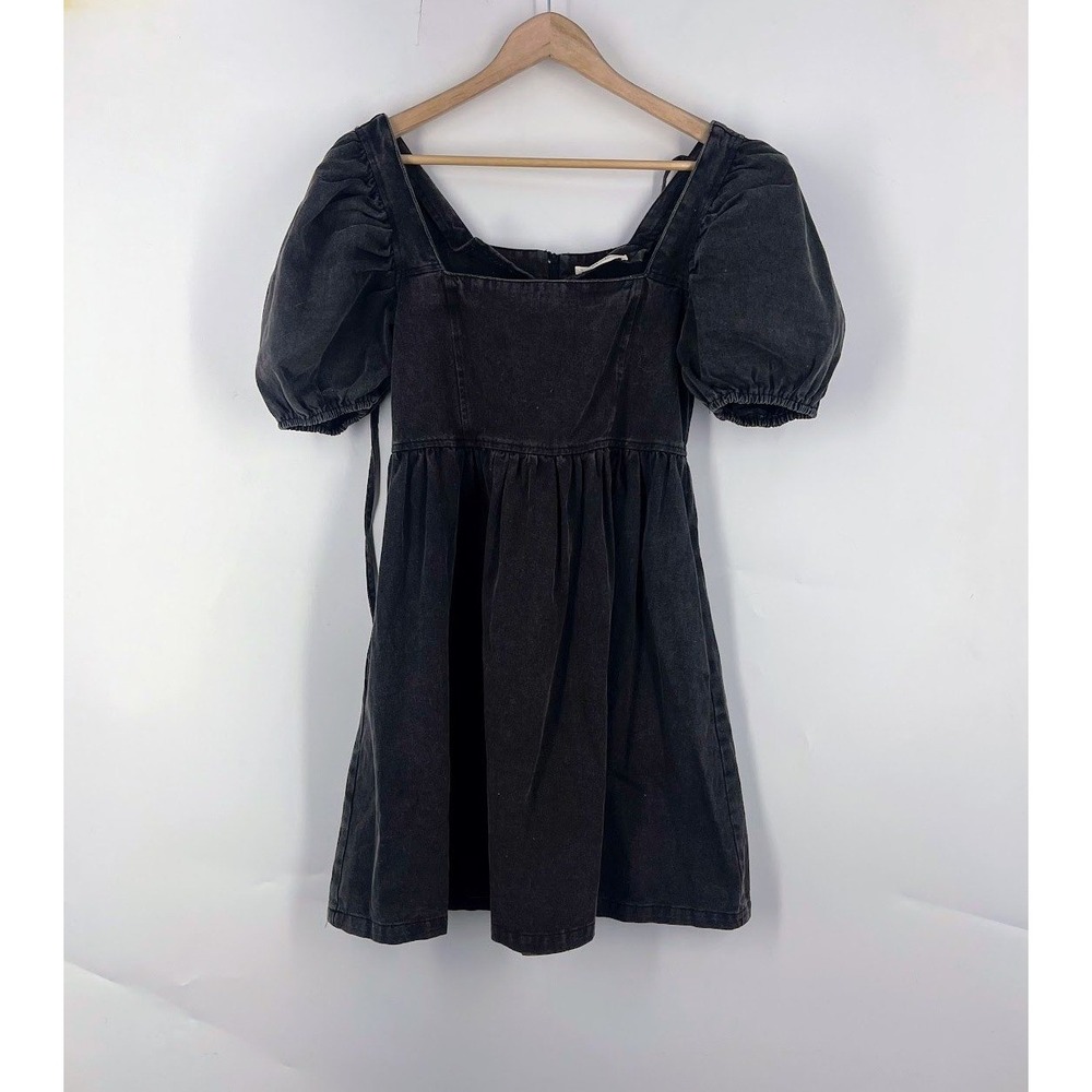 Mittoshop Black Denim Puff Sleeve Mini Dress Square Neck H42432 Small